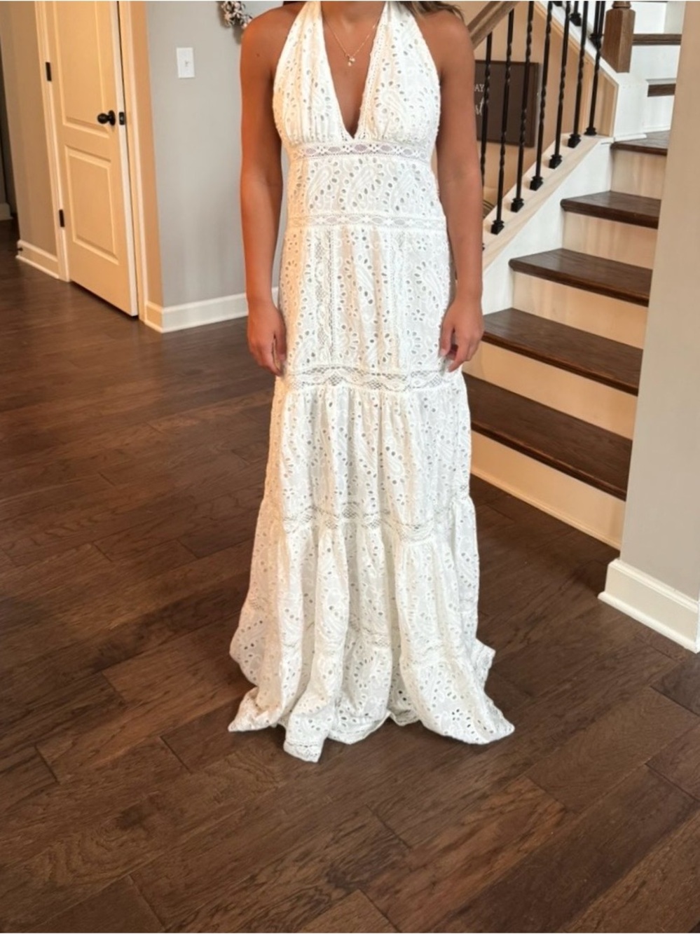 Altar'd State White Halter Eyelet Tiered Maxi Dress